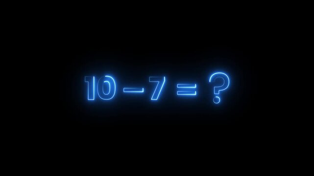 Neon blue math problem equation ten minus seven glowing on dark background digital style.