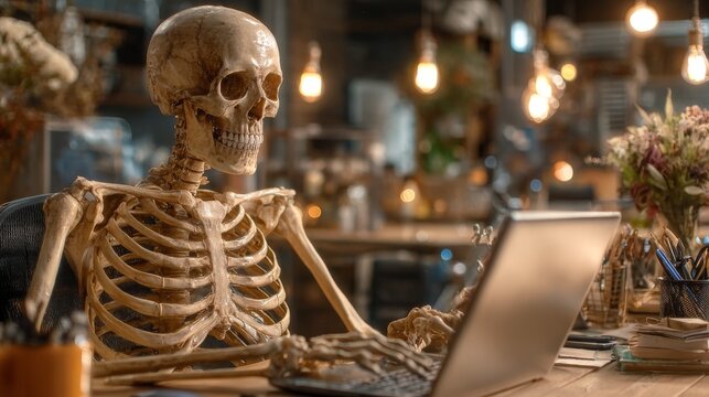 A skeleton sits at a desk using a laptop with a blurred background of warm lights and office supplies.
