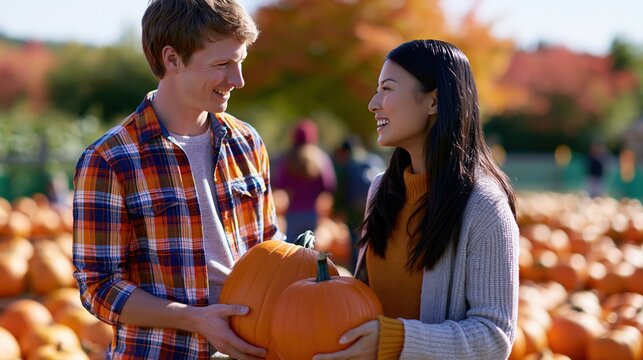 A couple enjoys a pumpkin patch during the autumn season, selecting pumpkins together.