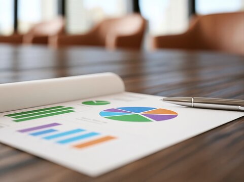 Business report with colorful data charts and finance strategy on wooden table