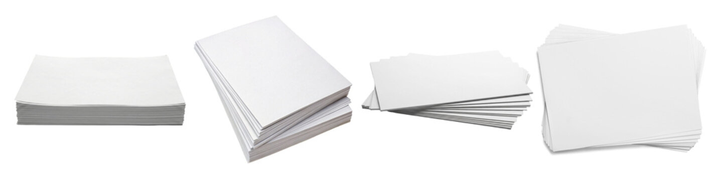 Multiple stacks of blank white paper from various perspectives, isolated on a transparent background.