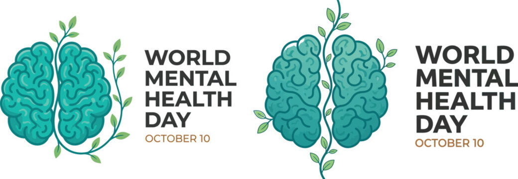 Conceptual illustration of a human brain with growing plants for world mental health day awareness campaign