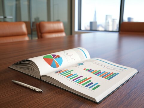 Business report with colorful data charts and graphs on office meeting table