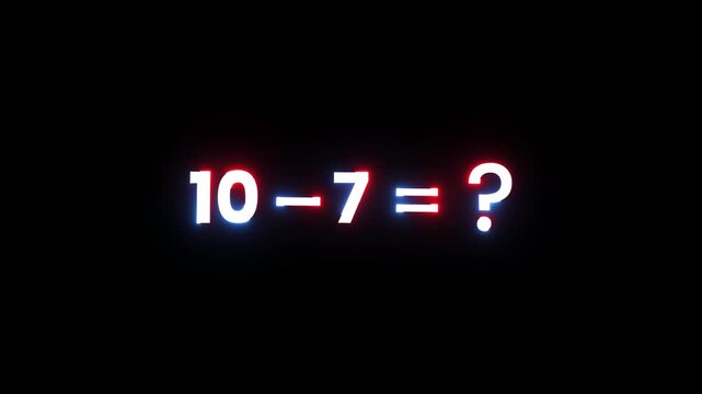 Neon glowing math equation with numbers ten minus seven equals question mark on black wall.