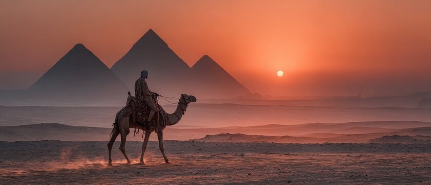 A silhouette of a person riding a camel across a desert landscape with pyramids in the background during a vibrant sunset.