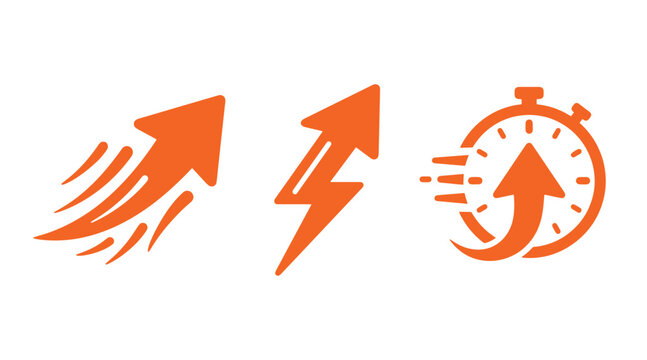 Orange speed and growth icon set featuring an upward arrow a lightning bolt for energy a fast time tracking clock lightning business progress performance increase