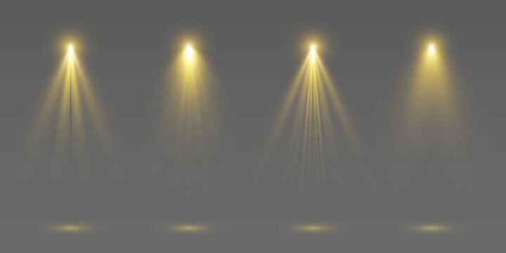 Bright yellow stage spotlight shines vertically in empty space. Soft golden rays create a dramatic glow. Isolated vector light effect on a transparent background.