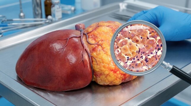 Liver illness progression: organ disease, viral hepatitis, cell damage, tissue inflammation, fatty change, fibrosis growth, hepatocyte view, cirrhosis development, medical analysis, human anatomy.