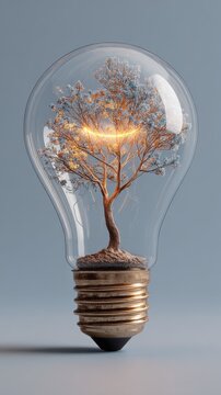 A surreal light bulb containing a small tree with blue and orange leaves against a grey background.