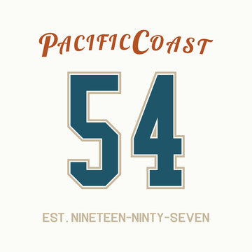 Vintage athletic style t-shirt typography graphic featuring Pacific Coast text with the number 54 on a clean background.