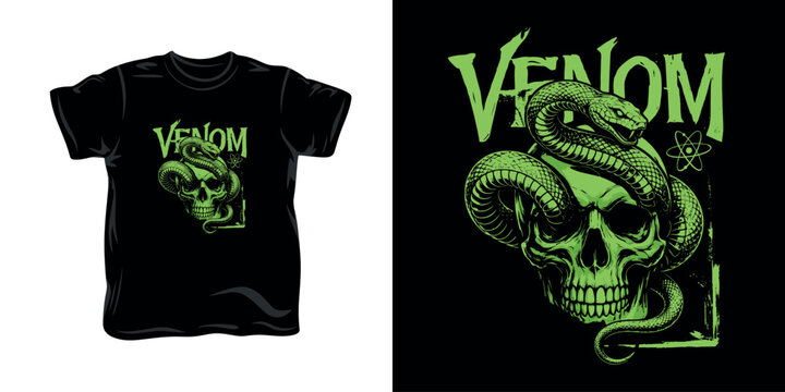 Venom snake and skull graphic design for apparel print featuring green viper serpent coiled around human skeleton head with chemical atom symbol on black background t shirt illustration.