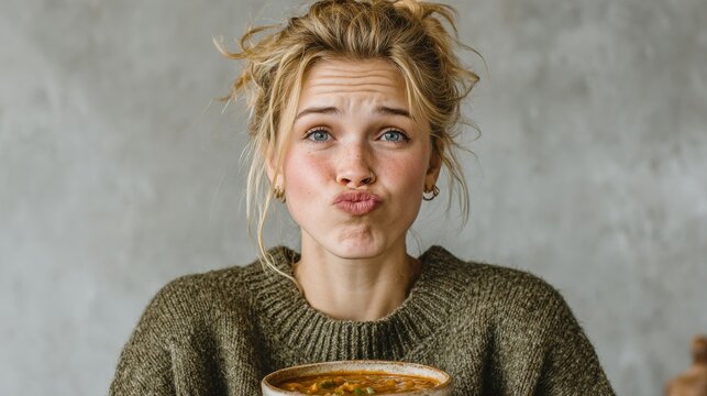 A young woman with a messy bun and freckles pouts her lips while holding a bowl of soup against a textured grey background.