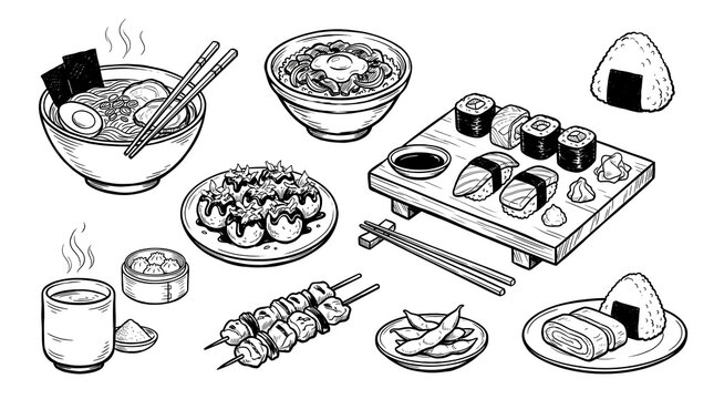 Hand drawn Japanese cuisine illustration featuring ramen, sushi, onigiri, takoyaki, skewers, noodles, rice and chopsticks.