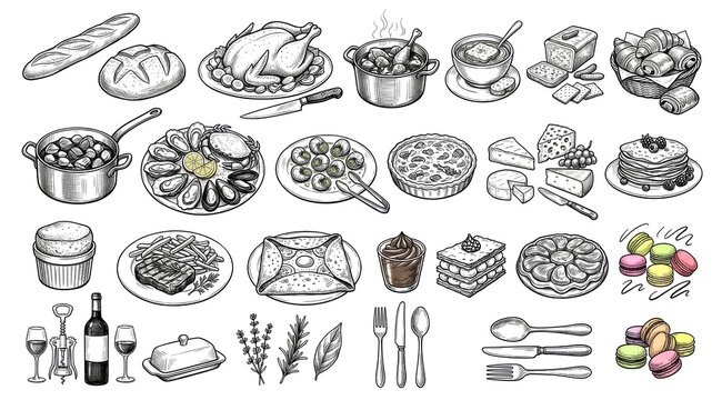Hand drawn French cuisine illustration featuring baguette, croissants, oysters, cheese, wine, coffee, macarons, tart and fresh ingredients.