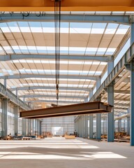 Fototapeta premium Industrial overhead gantry crane moving steel I beam in large factory warehouse