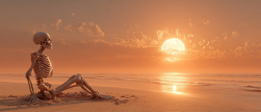 A skeleton sits on a sandy beach watching a large sun set over the ocean against an orange background.