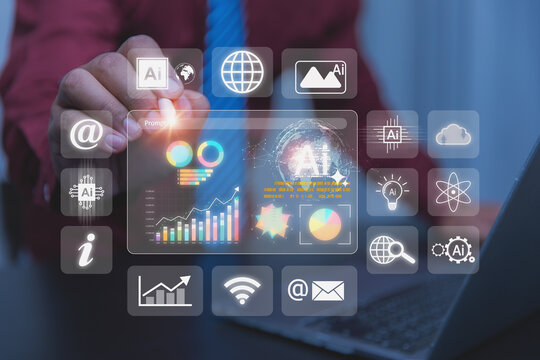 A person uses a glowing digital stylus to type inside an AI prompt interface box. Multiple software application icons like globes, clouds, and emails surround the workspace screen.