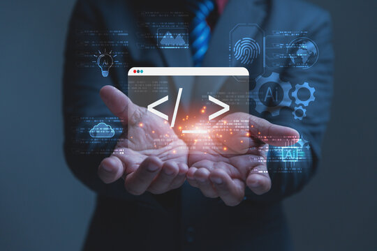 A businessman holds a glowing digital window showing website code brackets in his open hands. Futuristic software development concepts come alive with artificial intelligence and cloud data graphics.