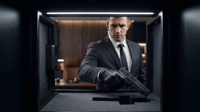 A professional security guard or secret service agent wearing a black suit and leather gloves reaches into a modern electronic safe to retrieve a handgun pistol, viewed from inside the vault in a l...