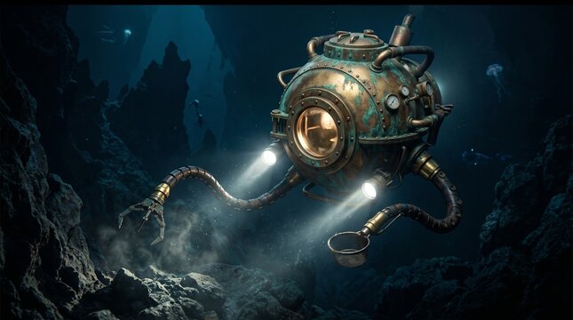 Round steampunk submersible exploring the dark ocean depths