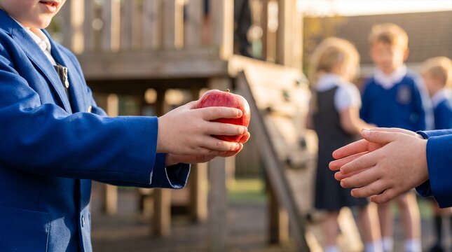 An elementary school student amicably holds out an apple to a friend at the school entrance on the first day of class&mdash;a scene that creates an atmosphere of warmth and friendship.