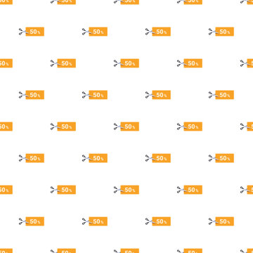 Seamless pattern featuring a repeated 50 percent discount coupon being cut by scissors