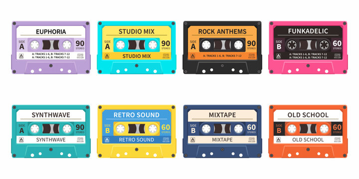 Retro Cassette Tape Collection with Colorful Vintage Music Mix Labels Eighties Nostalgia Vector Illustration