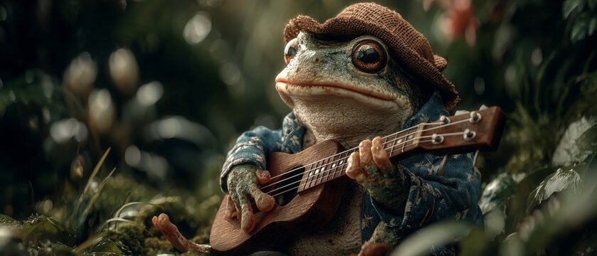 An anthropomorphic frog wearing a hat and jacket plays a ukulele against a blurred natural background.