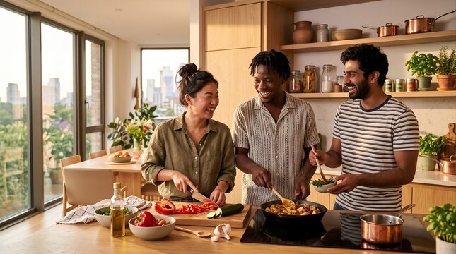 Diverse flatmates cooking healthy meal together in modern co living kitchen