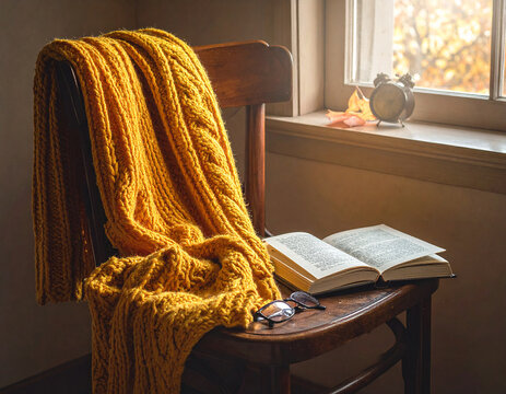 Cozy mustard knitted blanket on chair with book by window autumn mood