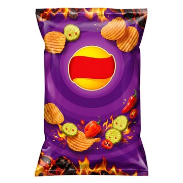 Spicy pickle potato chips snack bag with fire and chili peppers