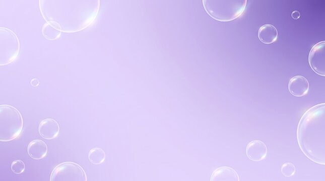 Abstract background with floating transparent soap bubbles on purple gradient