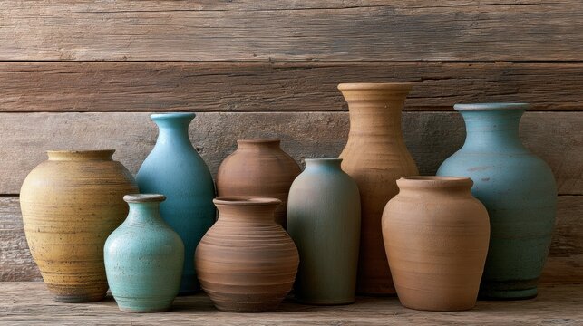 Group of nine vases of different sizes and colors arranged in a row on a wooden surface. the vases are of different shapes and sizes, with some being tall and others being short.