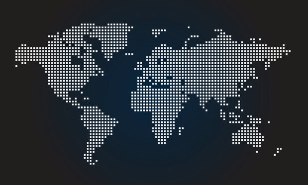 Digital pixel square dotted world map vector illustration on dark blue background representing global communication technology and network.