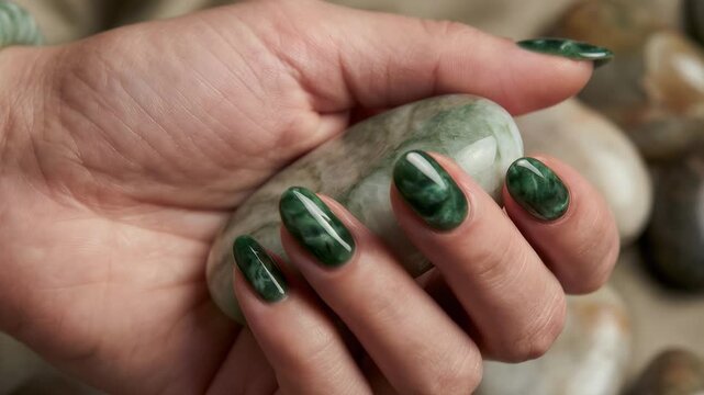Close-up of female hand holding a green marbled stone. Matching green marble nail art design. Luxury beauty and wellness concept