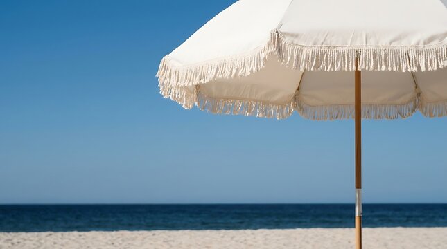 White beach umbrella with fringe standing on tropical sandy shore against blue sea and clear sky umbrella vacation
