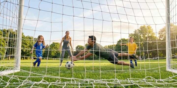 Family plays soccer together around backyard goal on sunny evening. Concept of kids sports, family fitness and soccer ads.