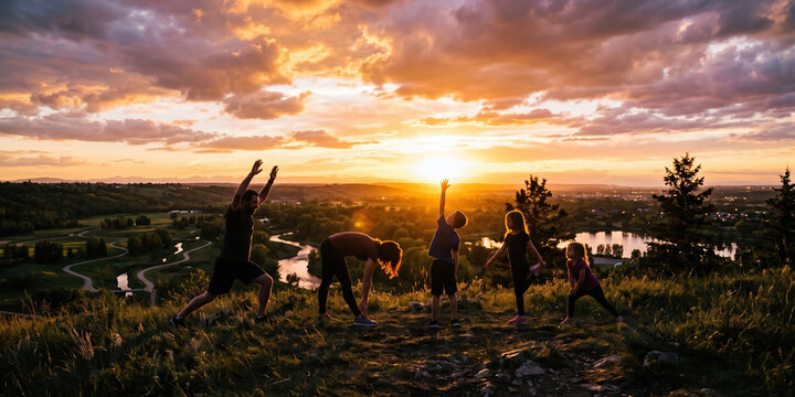 Family hiking across scenic hills at sunset. Concept of family travel, outdoor clothing and wellness ads.