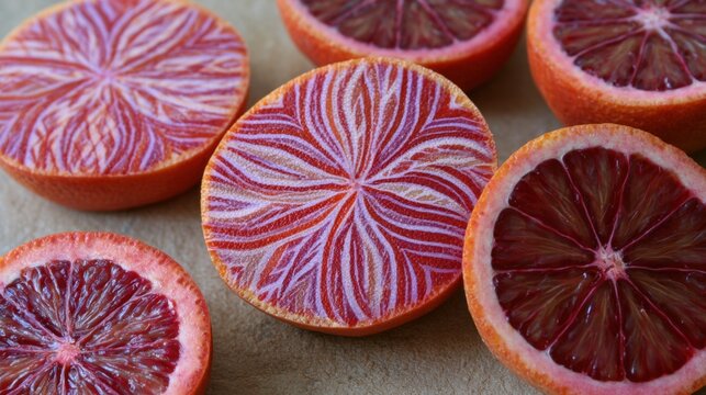 Group of blood oranges arranged in a circular pattern on a beige surface. the oranges are cut in half, revealing the juicy red flesh inside.