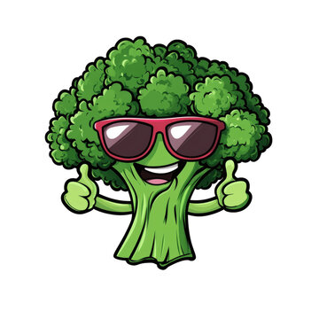 Cute cartoon broccoli character wearing sunglasses giving thumbs up, funny vegetable mascot illustration with happy smiling face