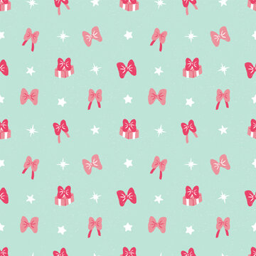 Seamless festive pattern with hand drawn pink ribbons, bows, and gift boxes scattered with stars on a textured mint green background