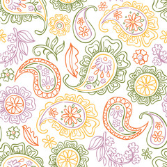Fototapeta premium Seamless pattern of oriental ornaments, flowers, and paisley. soft color vector illustration.