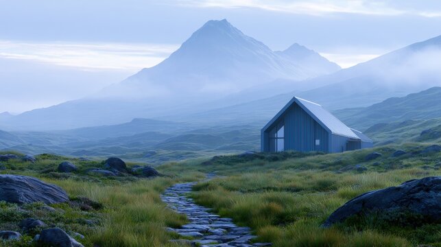 Landscape photograph of a mountain range. the sky is blue and the mountains are covered in a layer of fog.