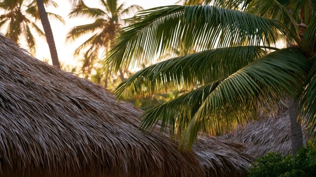 Close-up of a thatched roof of a hut with palm trees in the background. the roof is made of thatched straw and is surrounded by lush greenery.