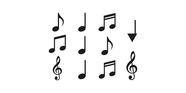 Music notes symbols collection with black graphics set for melodic composition artistic layout and musical design projects.