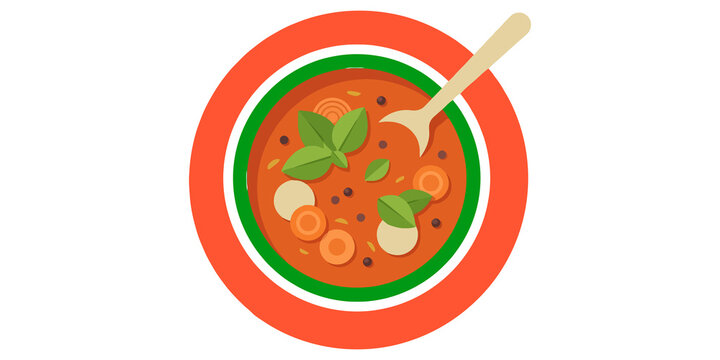 Bowl of tomato soup with basil and carrots, a spoon and a plate border, healthy meal.