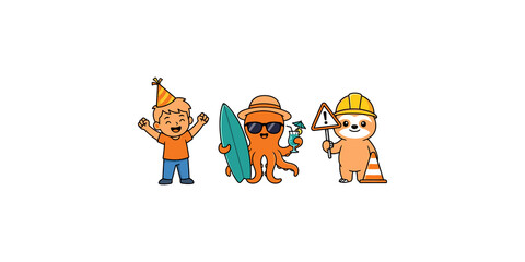 Fototapeta premium Fun cartoon character set with birthday boy surfing octopus and construction sloth for playful creative project art.