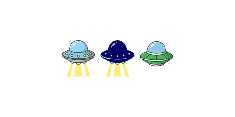 Three colorful ufo flying saucer spaceship icons with glowing beams for space themed gaming assets or sci-fi projects. © Jpeg shop opened