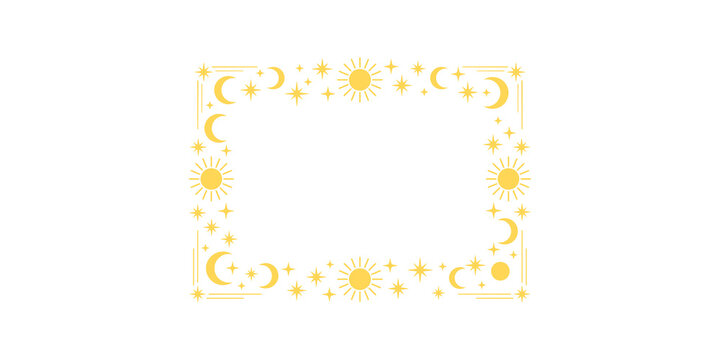 Celestial border frame with sun moon and star icons in golden yellow for mystical mystical event invitation card decor.