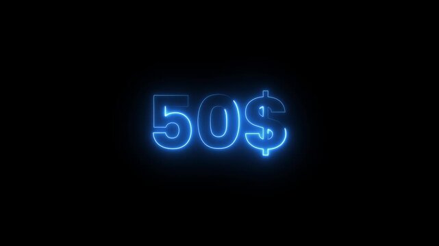 Neon blue fifty dollar sign glowing against black background for commercial finance video.